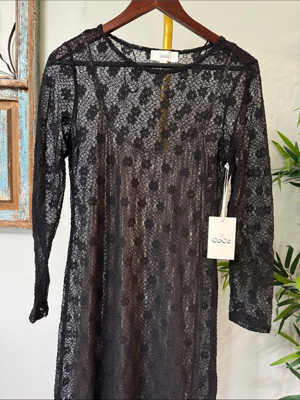 CeCe Black Sheer Lace Long Sleeve metallic gold 2 piece Maxi Dress NEW S - Picture 3 of 14